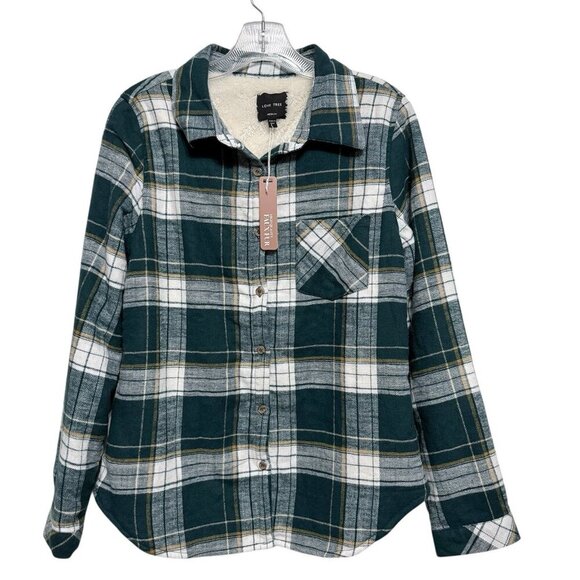 Love Tree Tops - Love Tree Faux Fur Lined Flannel Shirt Shacket Size Medium Green Plaid NWT